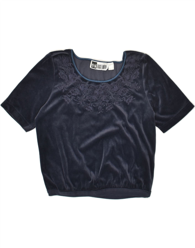 VINTAGE Womens Velvet Blouse Top UK 10 Small Navy Blue Floral Polyester | Vintage Vintage | Thrift | Second-Hand Vintage | Used Clothing | Messina Hembry 