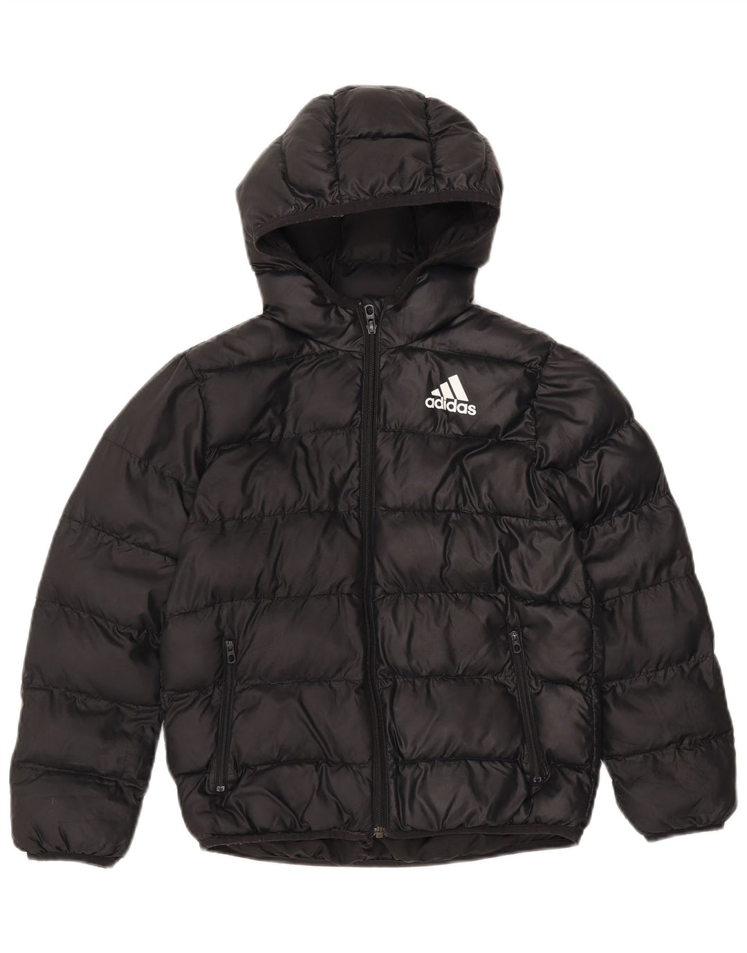 ADIDAS Boys Hooded Padded Jacket 9-10 Years Black Polyester