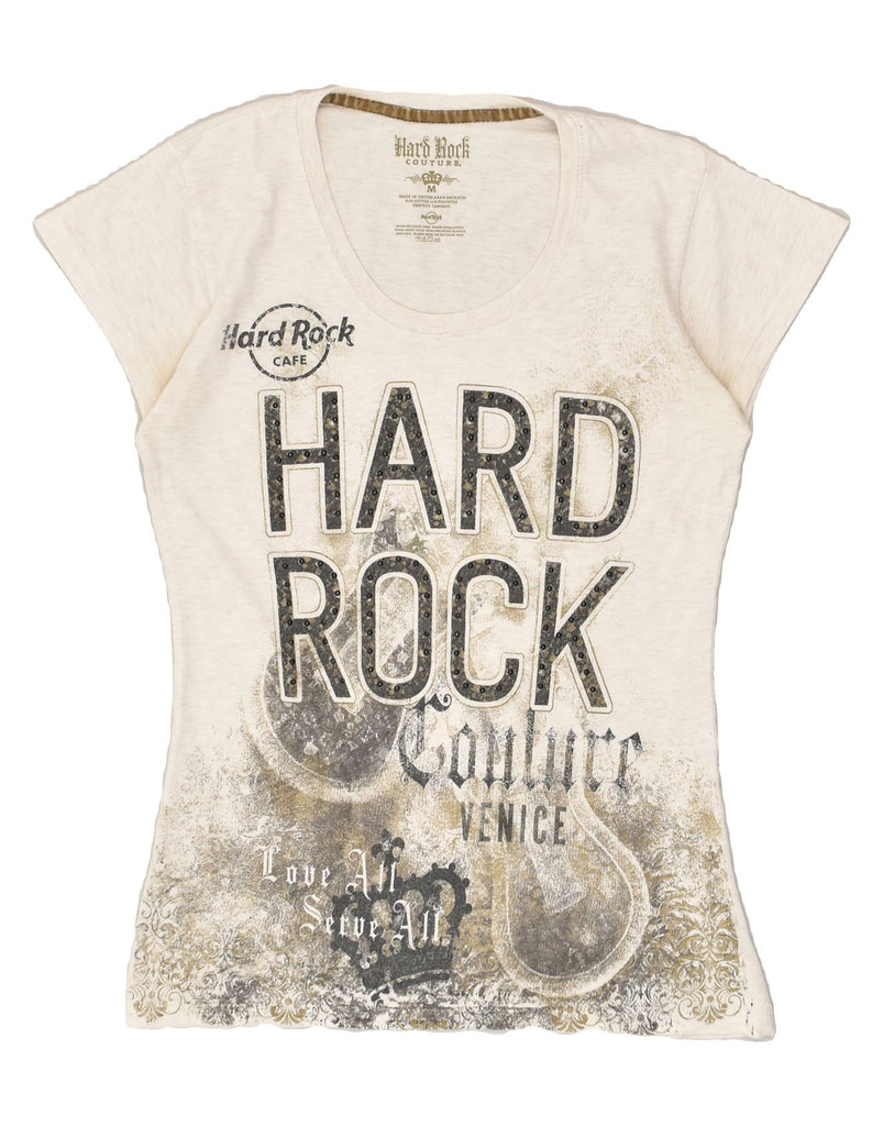 HARD ROCK CAFE Womens Venice Graphic T-Shirt Top UK 12 Medium Off White Vintage Hard Rock Cafe and Second-Hand Hard Rock Cafe from Messina Hembry 