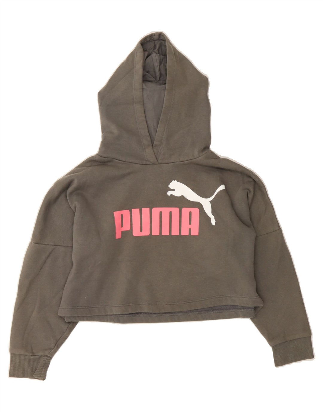 PUMA Girls Graphic Crop Hoodie Jumper 9-10 Years Grey Cotton Vintage Puma and Second-Hand Puma from Messina Hembry 