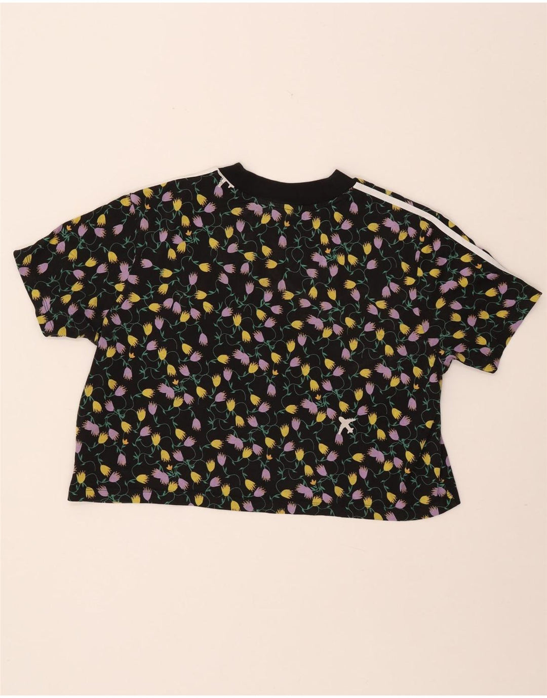 ADIDAS Womens Crop Graphic T-Shirt Top UK 18 XL Black Floral Cotton