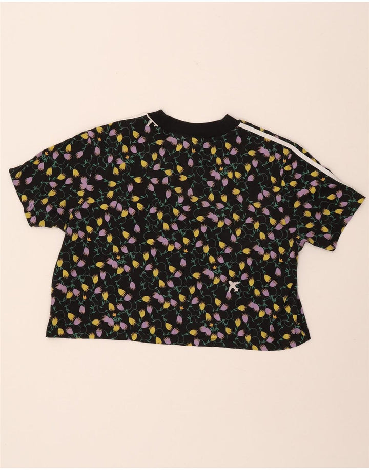 ADIDAS Womens Crop Graphic T-Shirt Top UK 18 XL Black Floral Cotton