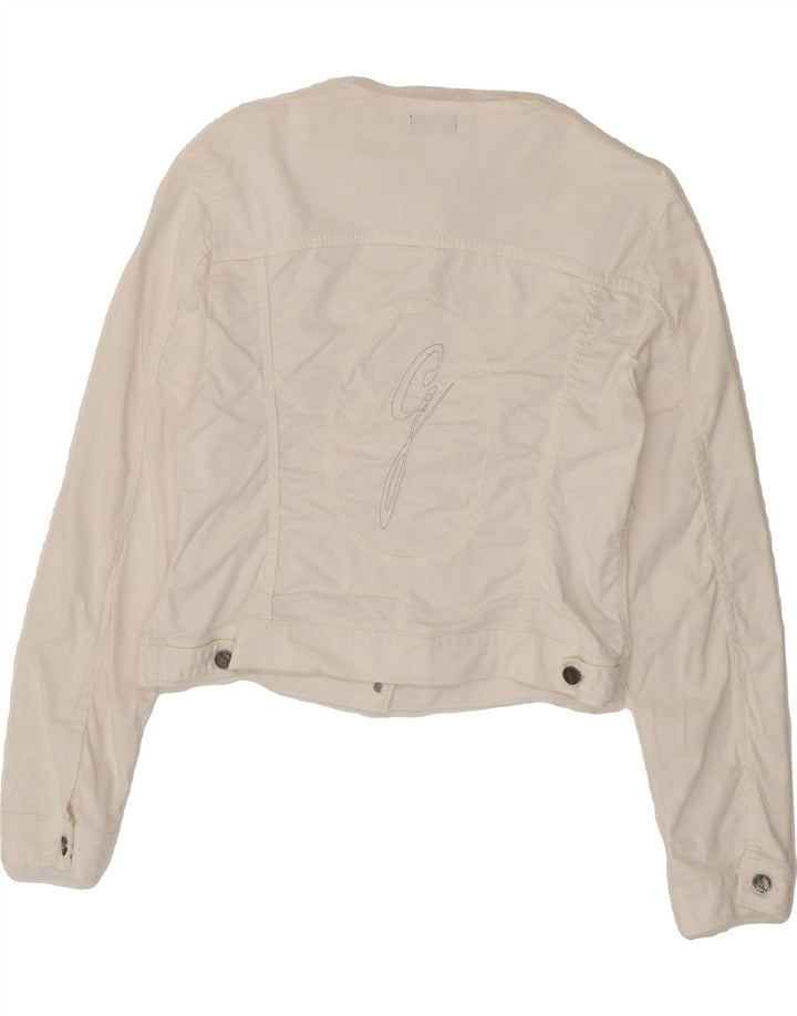 GATTINONI Womens Graphic Crop Denim Jacket UK 12 Medium White Vintage Gattinoni and Second-Hand Gattinoni from Messina Hembry 