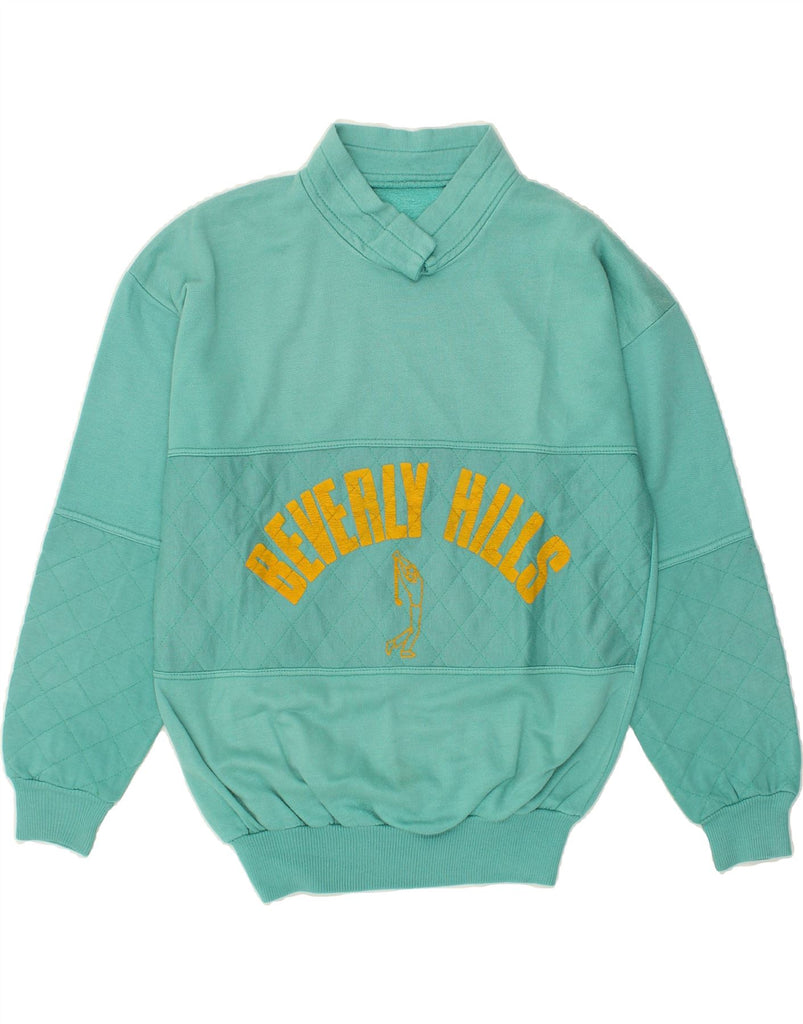 VINTAGE Mens Beverly Hills Graphic Sweatshirt Jumper Medium Green Acrylic | Vintage Vintage | Thrift | Second-Hand Vintage | Used Clothing | Messina Hembry 