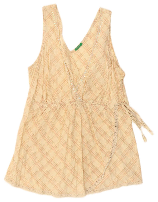 Benetton Womens Sleeveless Blouse Top UK 14 Large Beige Check Cotton