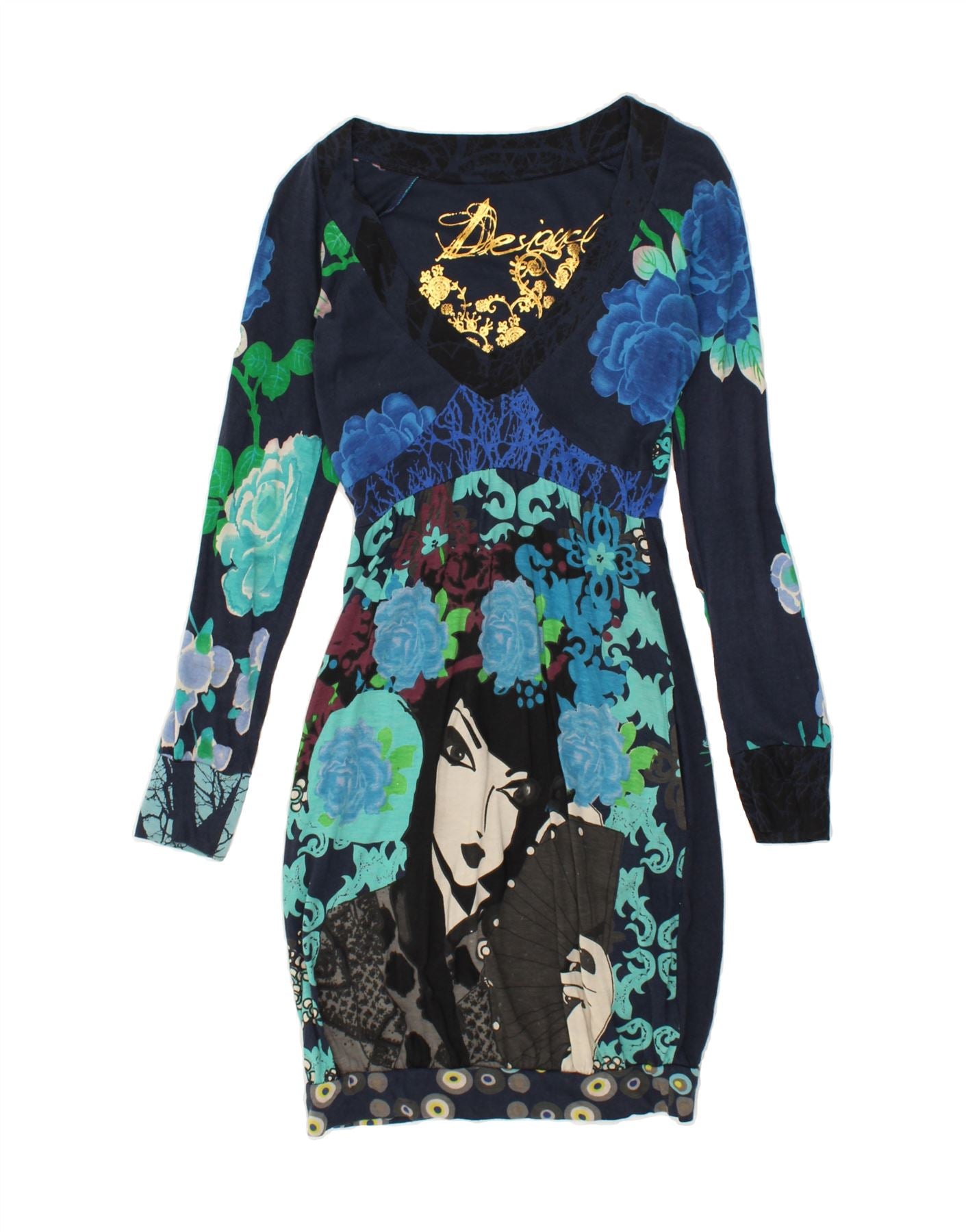 DESIGUAL Womens Long Sleeve Bubble Dress UK XS Navy Blue Floral
