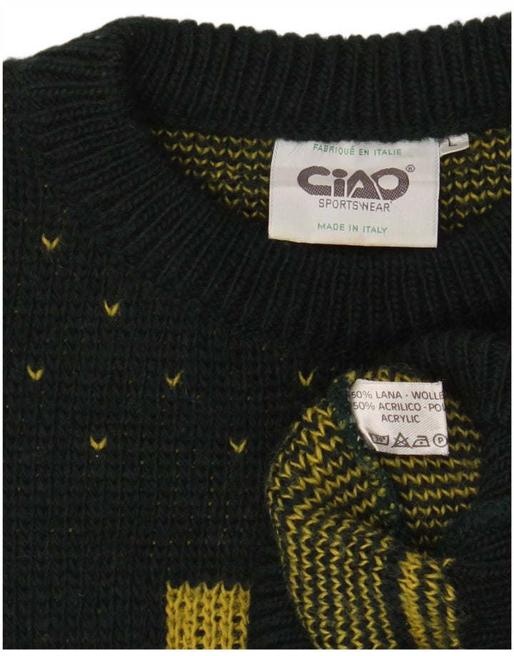 CIAO Mens Crew Neck Jumper Sweater Large Green Fair Isle Wool