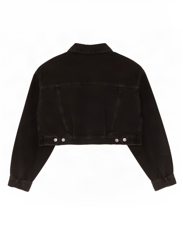 Zara Womens Crop Denim Jacket UK 16 Large Black Cotton
