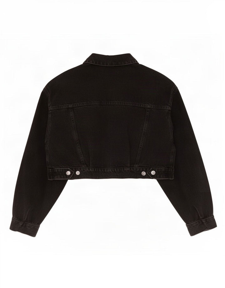 Zara Womens Crop Denim Jacket UK 16 Large Black Cotton