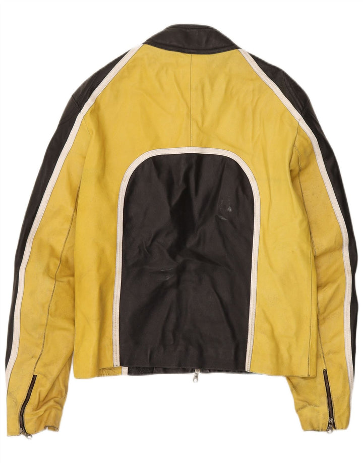 VINTAGE Mens Leather Racer Jacket IT 48 Medium Black Colourblock Leather