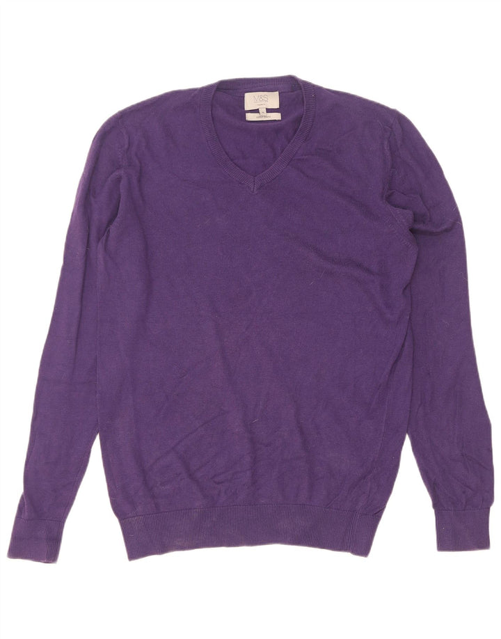 Marks & Spencer Mens Regular Fit V-Neck Jumper Sweater Medium Purple Cotton