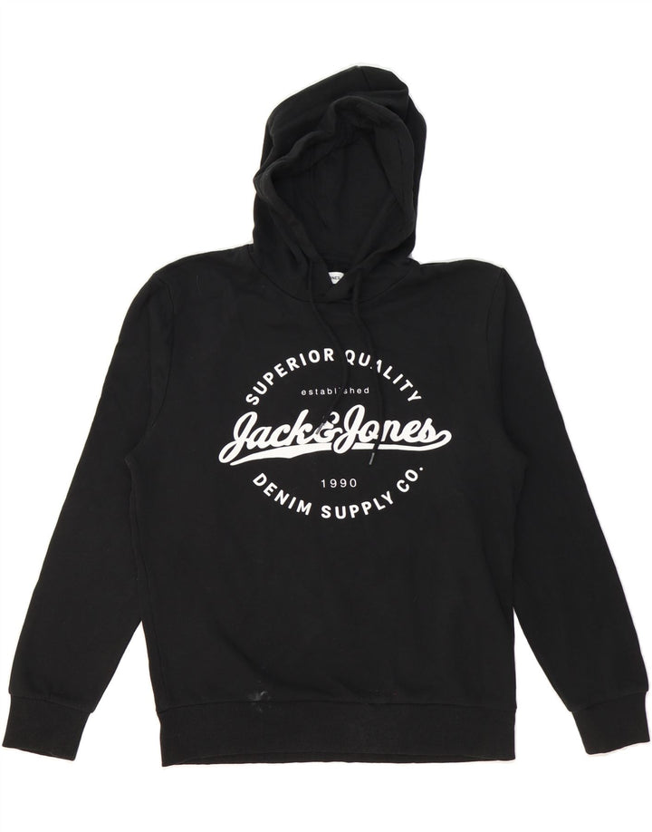 JACK & JONES Mens Graphic Hoodie Jumper Medium Black Cotton Vintage Jack & Jones and Second-Hand Jack & Jones from Messina Hembry 