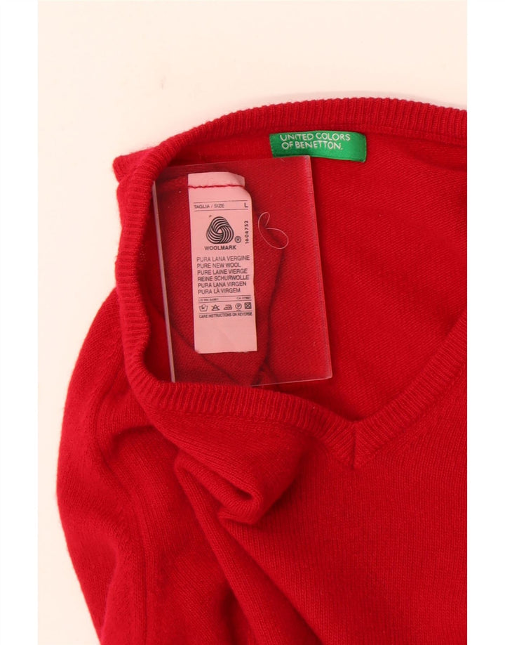 Benetton Womens V-Neck Jumper Sweater UK 16 Large Red New Wool
