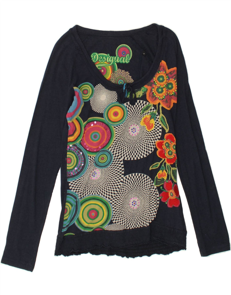 DESIGUAL Womens Graphic Top Long Sleeve UK 10 Small Navy Blue Floral | Vintage Desigual | Thrift | Second-Hand Desigual | Used Clothing | Messina Hembry 