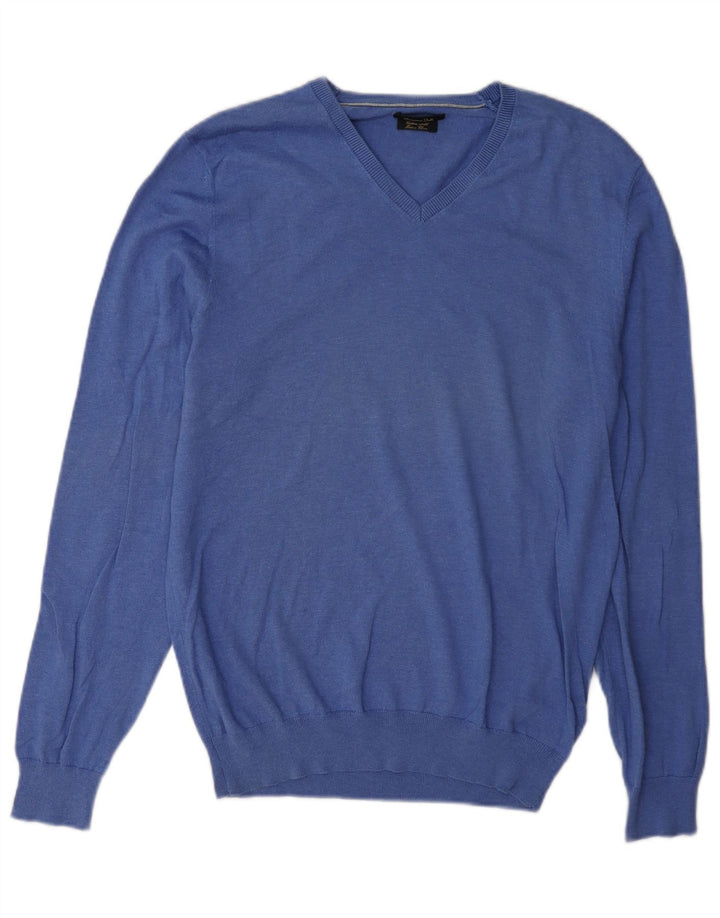 Massimo Dutti Mens V-Neck Jumper Sweater Medium Blue Cotton