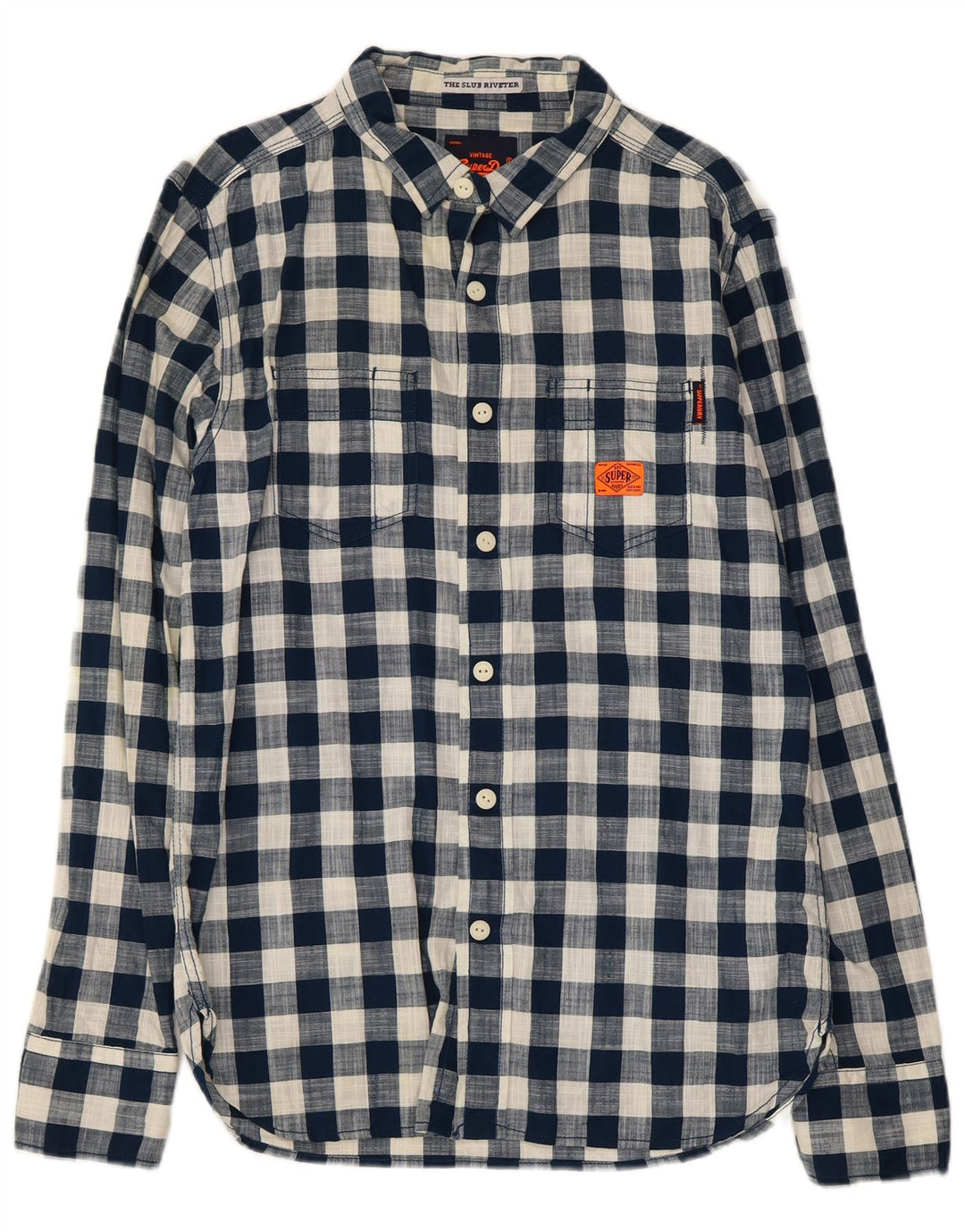 Superdry Mens Shirt Large Navy Blue Gingham Cotton