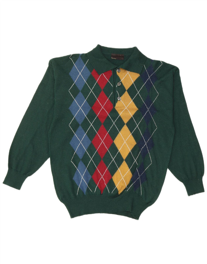VINTAGE Mens Polo Neck Jumper Sweater Small Green Argyle/Diamond Wool