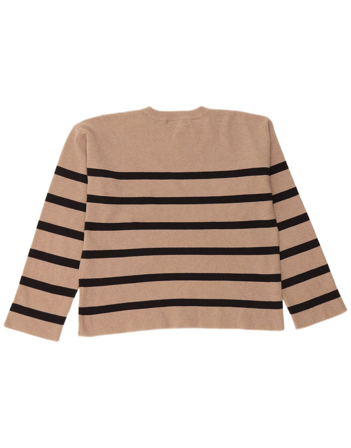 MARKS & SPENCER Womens Crew Neck Jumper Sweater UK 16 Large Beige Striped