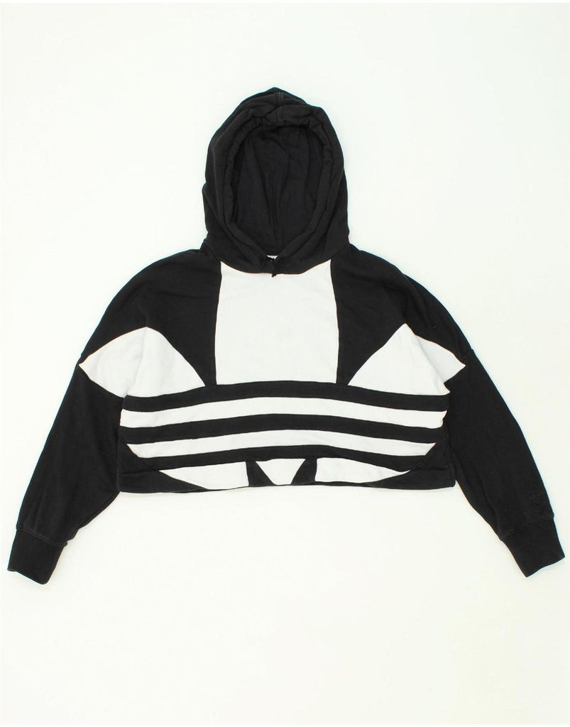 ADIDAS Womens Crop Graphic Hoodie Jumper UK 14 Large  Black Cotton Vintage Adidas and Second-Hand Adidas from Messina Hembry 