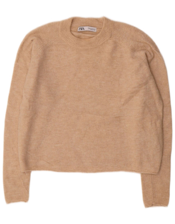 ZARA Womens Oversized Crop Crew Neck Jumper Sweater UK 14 Medium Beige