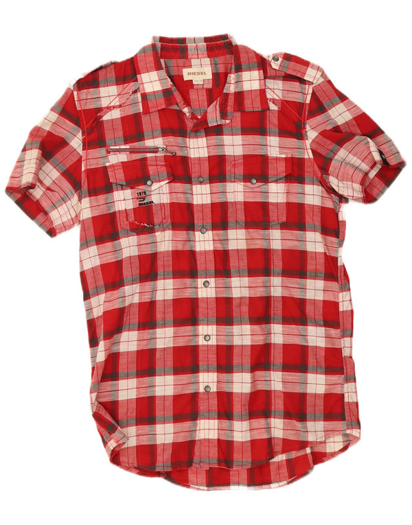 Diesel Mens Short Sleeve Military Shirt Medium Red Check Cotton