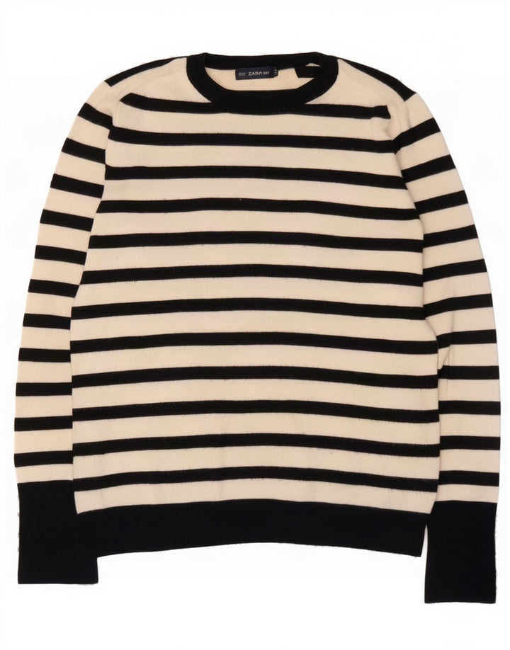 Zara Womens Crew Neck Jumper Sweater UK 14 Large White Striped