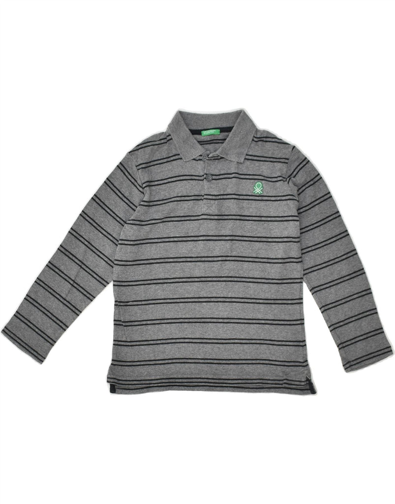 BENETTON Boys Long Sleeve Polo Shirt 7-8 Years Medium Grey Striped Cotton | Vintage Benetton | Thrift | Second-Hand Benetton | Used Clothing | Messina Hembry 