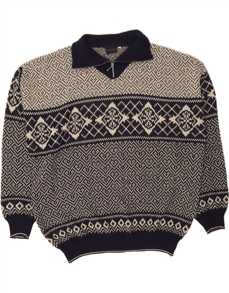 NICK TAYLOR Mens Zip Neck Jumper Sweater 2XL Navy Blue Fair Isle Acrylic Vintage Nick Taylor and Second-Hand Nick Taylor from Messina Hembry 