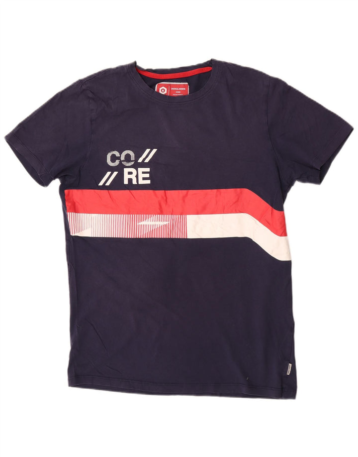 Jack & Jones Mens Graphic T-Shirt Top Large Navy Blue Colourblock