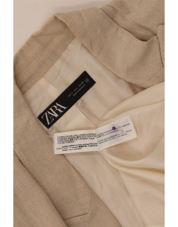 Zara Womens 3/4 Sleeve Open Blazer Jacket UK 16 Large Beige Linen