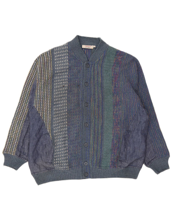 Vintage Mens Cardigan Sweater IT 54 XL Navy Blue Striped Acetate