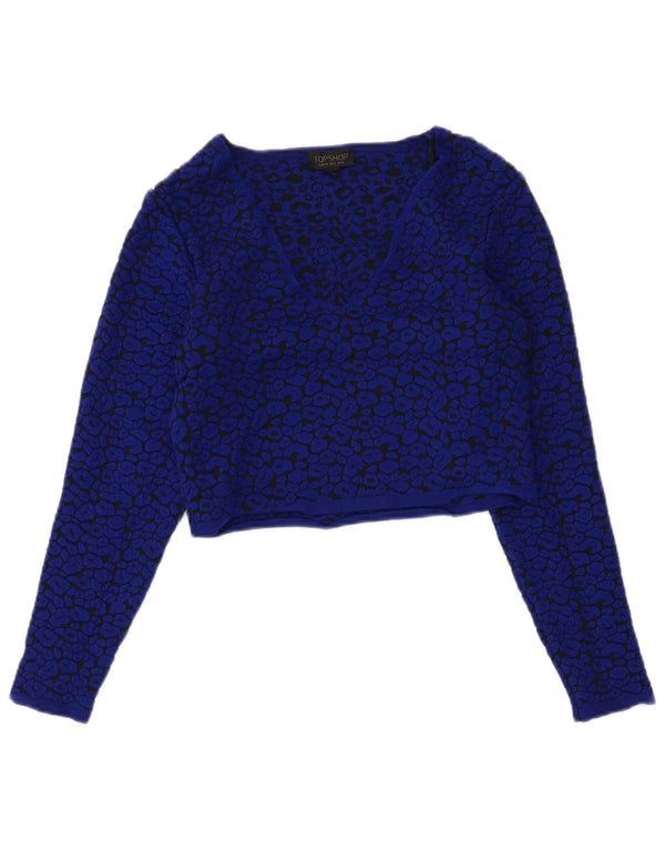 Topshop Womens V-Neck Jumper Sweater UK 12 Medium Navy Blue Animal Print