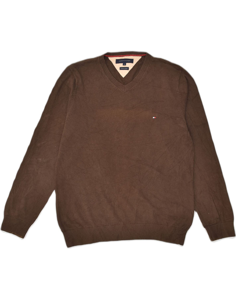 TOMMY HILFIGER Mens V-Neck Jumper Sweater Medium Brown Cotton | Vintage Tommy Hilfiger | Thrift | Second-Hand Tommy Hilfiger | Used Clothing | Messina Hembry 