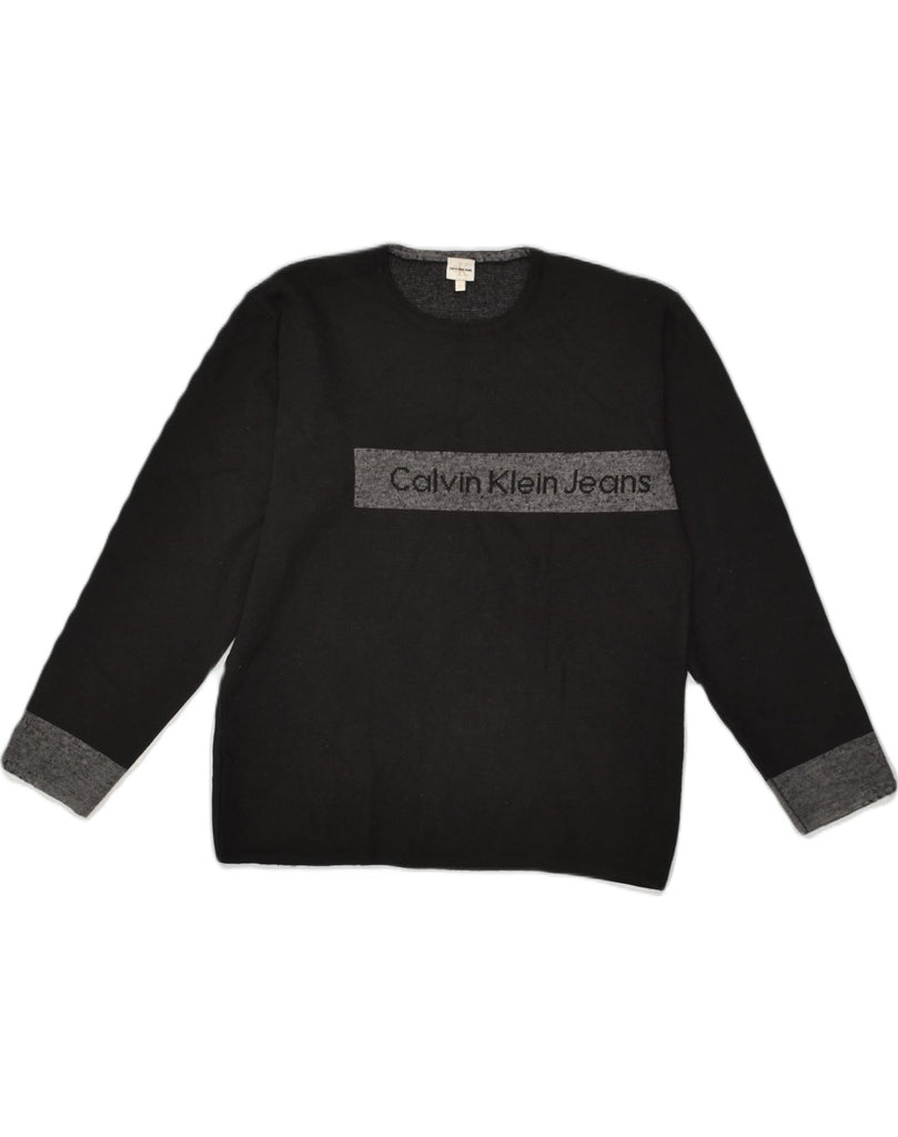 CALVIN KLEIN Mens Graphic Crew Neck Jumper Sweater Medium Black Wool | Vintage Calvin Klein | Thrift | Second-Hand Calvin Klein | Used Clothing | Messina Hembry 