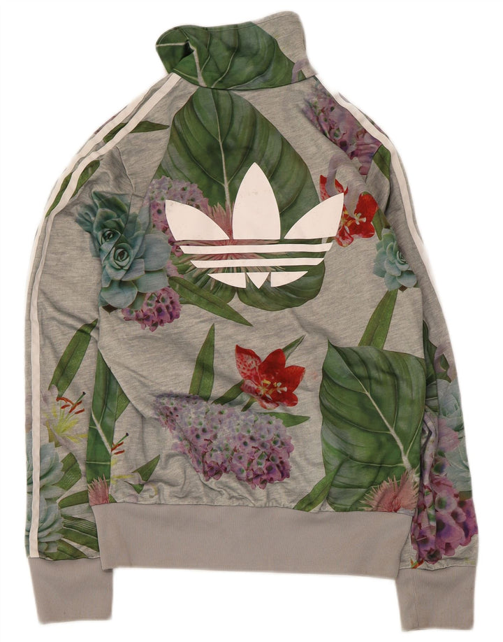 Adidas Womens Graphic Tracksuit Top Jacket UK 14 Medium Grey Floral