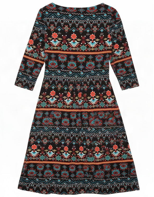 Monsoon Womens 3/4 Sleeve A-Line Dress UK 12 Medium Black Geometric Viscose