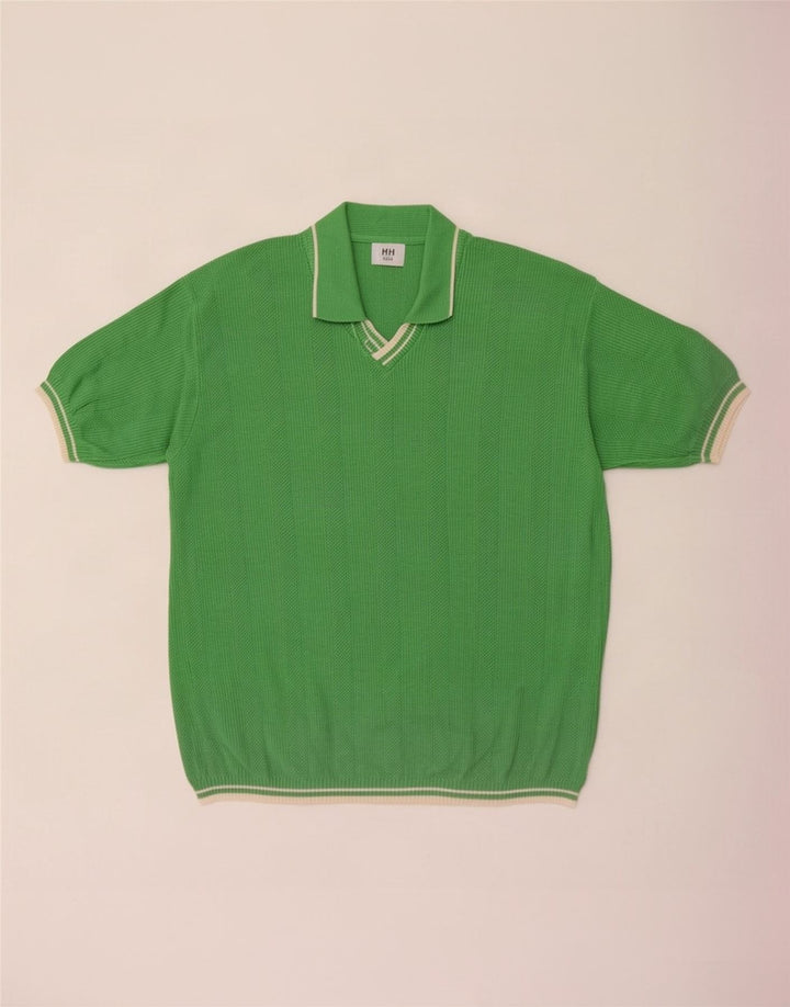 Vintage Mens Short Sleeve Polo Neck Jumper Sweater Medium Green