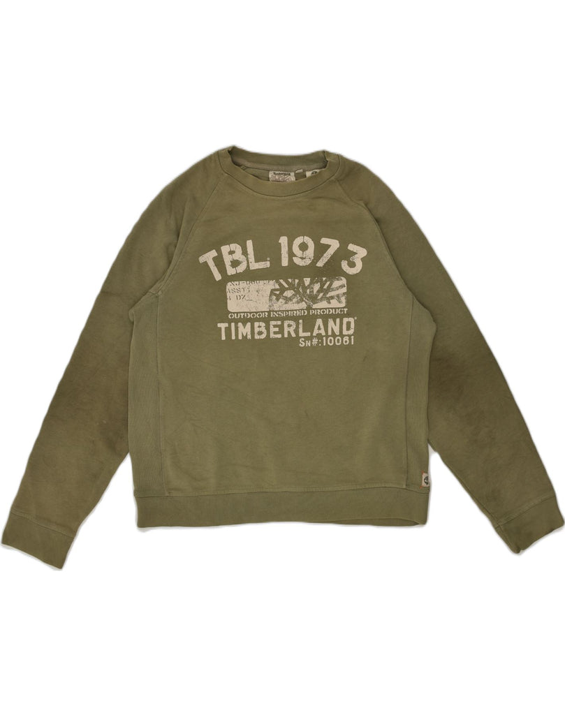 TIMBERLAND Mens Graphic Sweatshirt Jumper Medium Khaki Cotton | Vintage Timberland | Thrift | Second-Hand Timberland | Used Clothing | Messina Hembry 