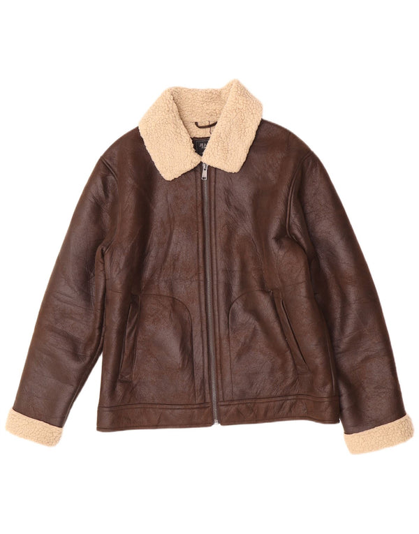 Jean Pascale Mens Faux Leather Sherpa Jacket UK 42 XL Brown Colourblock