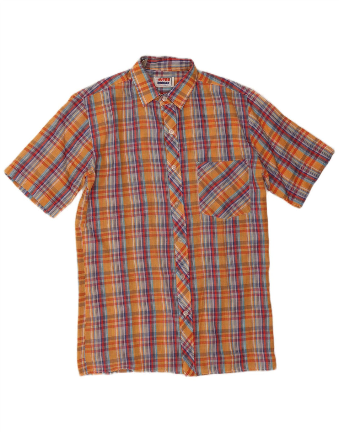 Vintage Mens Short Sleeve Shirt Small Orange Check Polyester