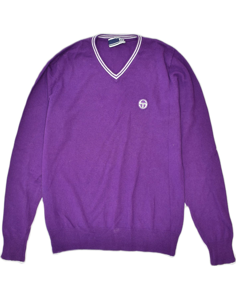 VINTAGE Mens Loose Fit V-Neck Jumper Sweater Medium Purple Cotton | Vintage | Thrift | Second-Hand | Used Clothing | Messina Hembry 