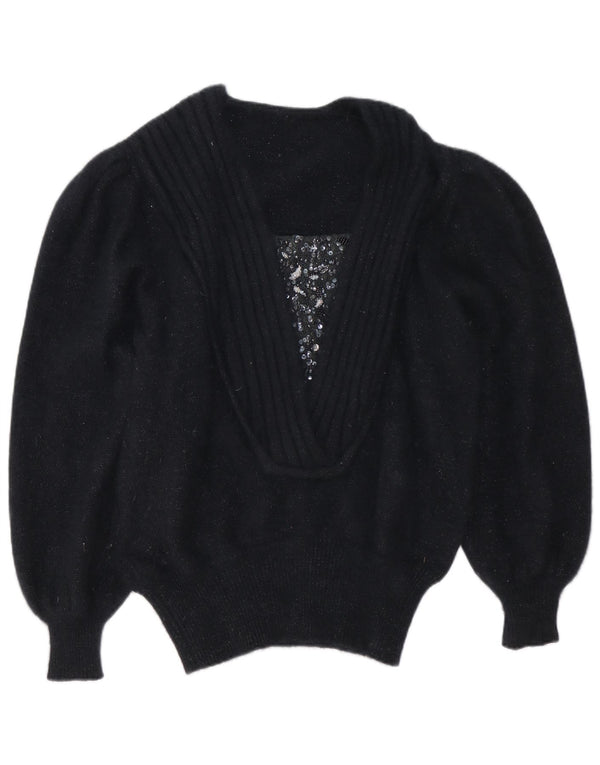 Vintage Womens V-Neck Jumper Sweater UK 16 Large Black Angora