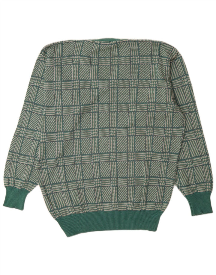 St. Andrews Mens V-Neck Jumper Sweater Large Green Houndstooth