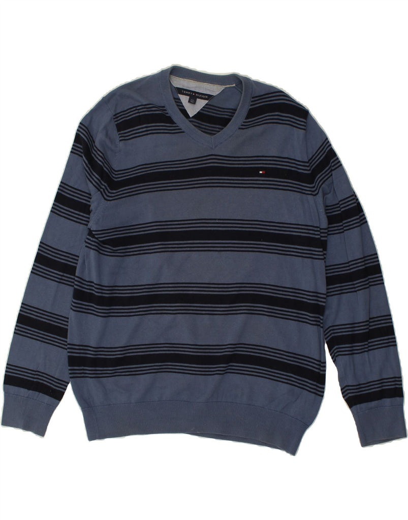 TOMMY HILFIGER Mens V-Neck Jumper Sweater Large Blue Striped Cotton | Vintage Tommy Hilfiger | Thrift | Second-Hand Tommy Hilfiger | Used Clothing | Messina Hembry 