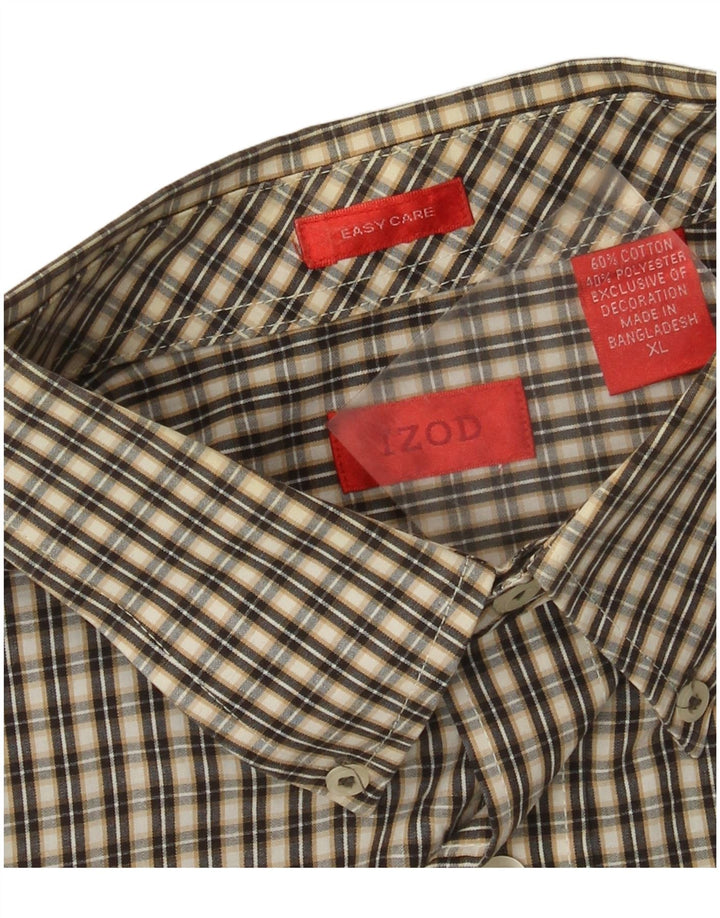 Izod Mens Easy Care Shirt XL Beige Gingham Cotton