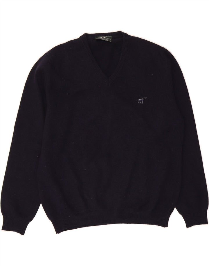 HENRY COTTONS Mens V-Neck Jumper Sweater XL Navy Blue Wool Vintage Henry Cottons and Second-Hand Henry Cottons from Messina Hembry 