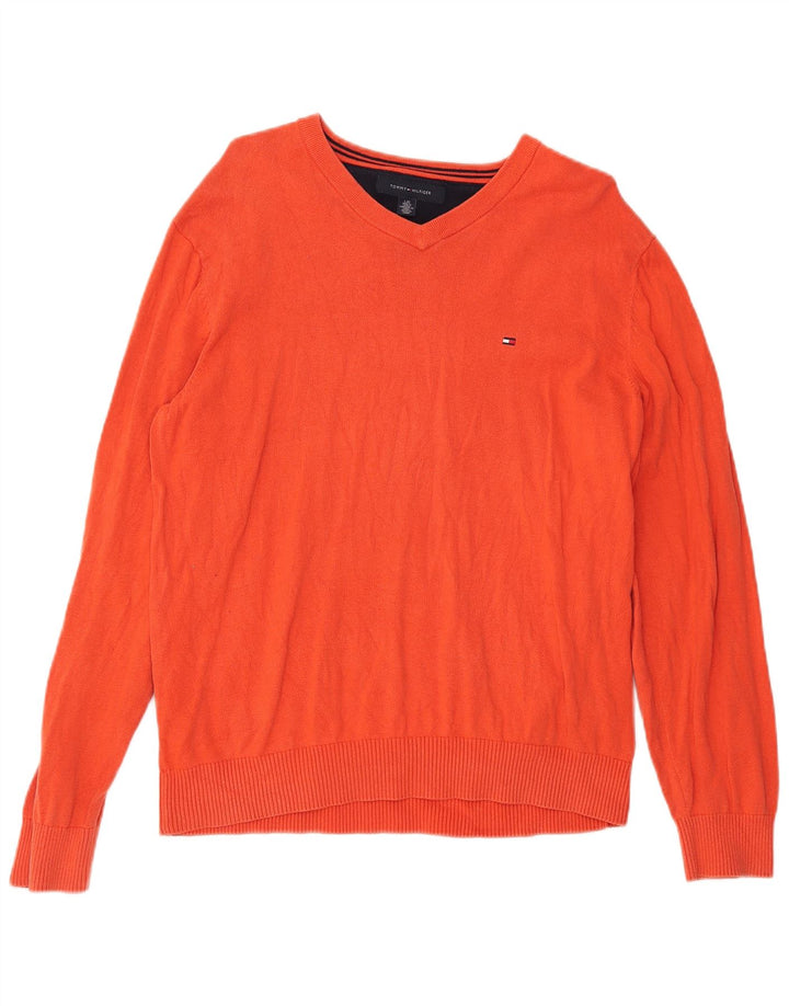 Tommy Hilfiger Mens V-Neck Jumper Sweater Large Red Cotton