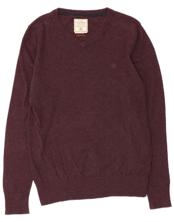 FAT FACE Womens Oversized V-Neck Jumper Sweater UK 10 Small Burgundy