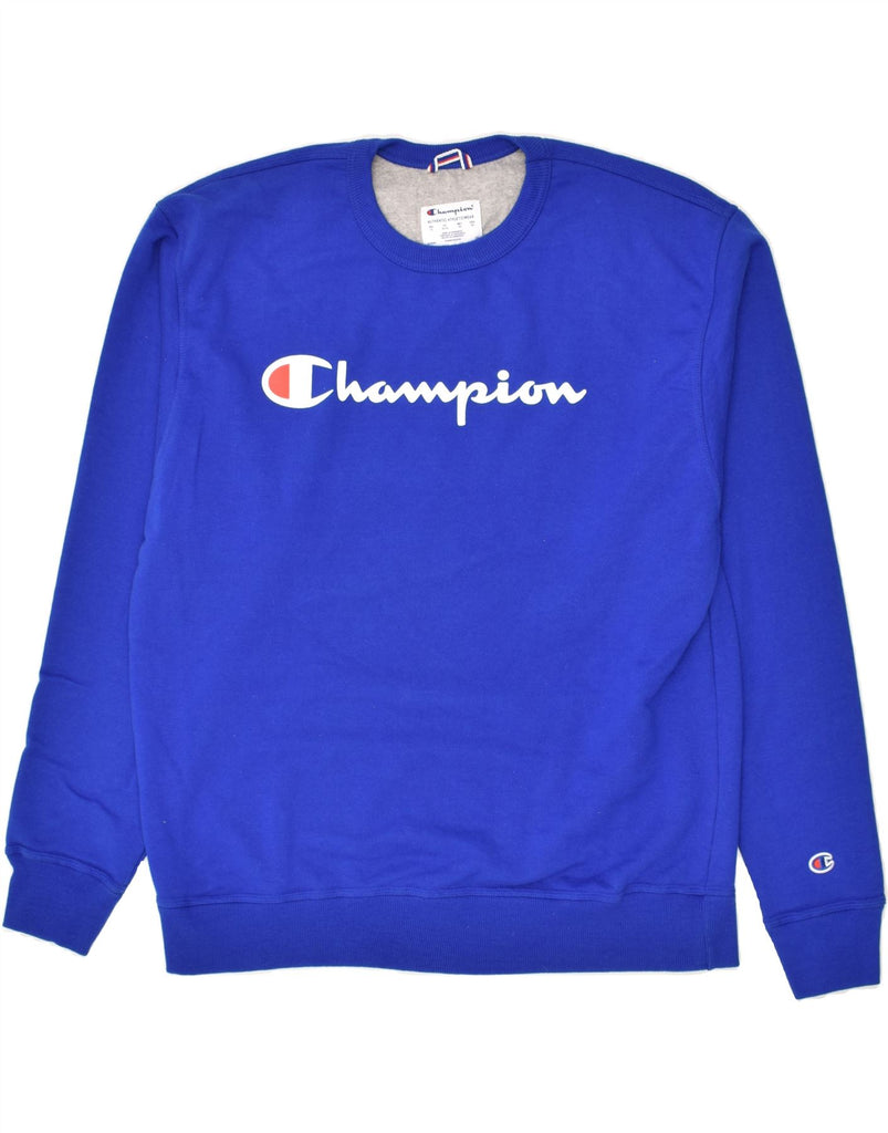 CHAMPION Mens Graphic Sweatshirt Jumper XL Blue Cotton | Vintage Champion | Thrift | Second-Hand Champion | Used Clothing | Messina Hembry 