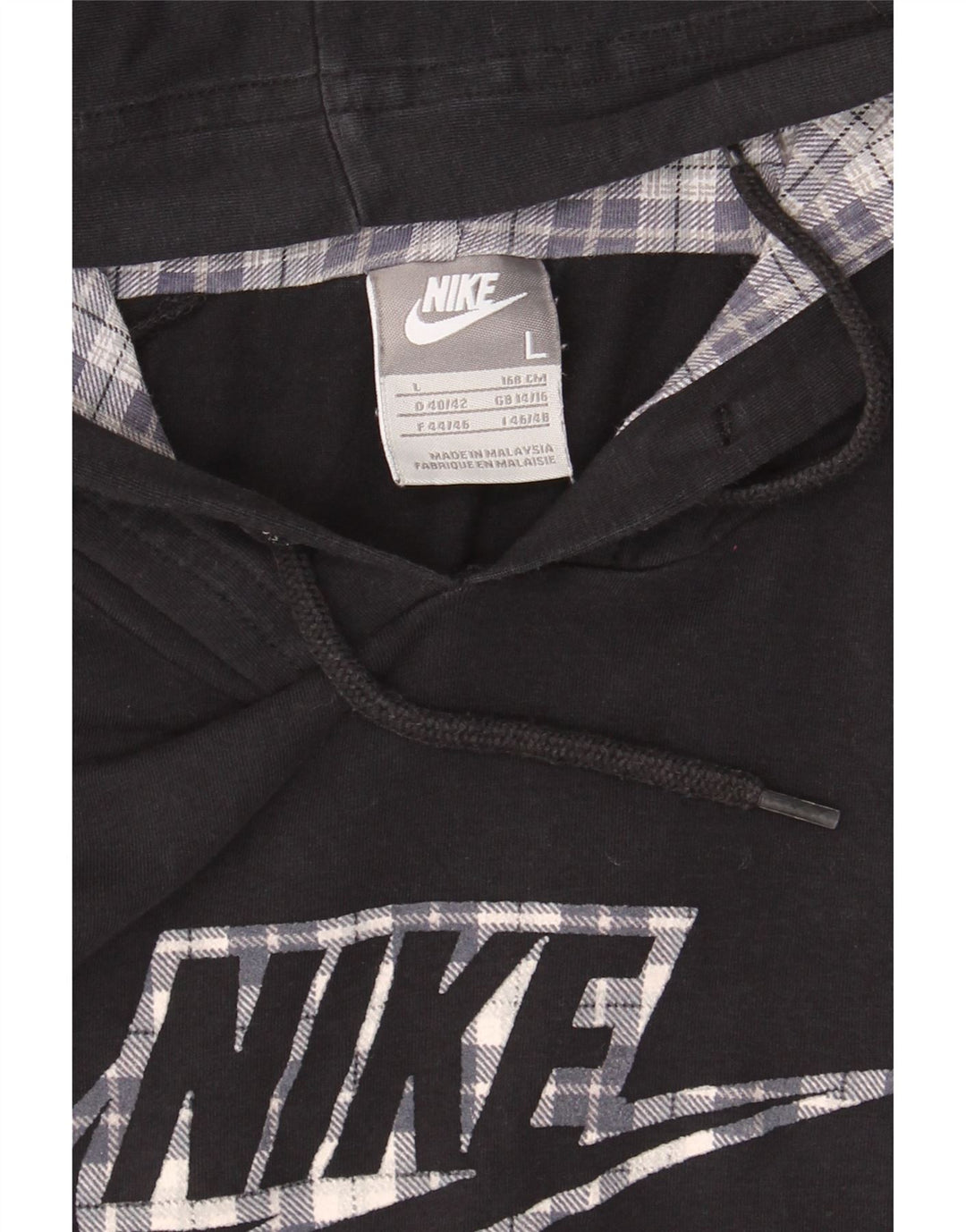 NIKE Womens Graphic Hoodie Jumper UK 14/16 Large Black Polyester Vintage Nike and Second-Hand Nike from Messina Hembry 